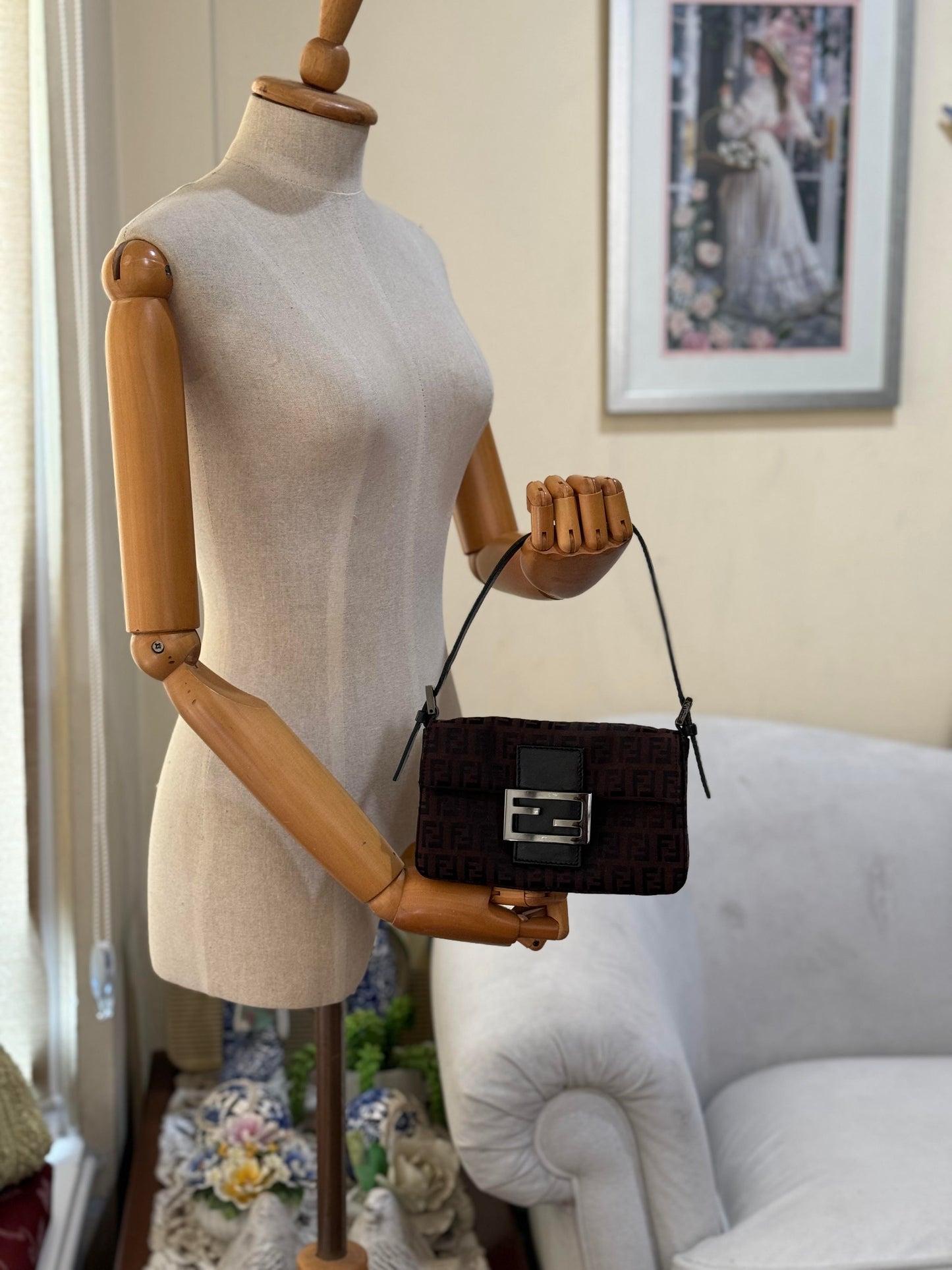 Authentic FENDI Mini Baguette Brown & Black Jacquard Cloth Shoulder Bag